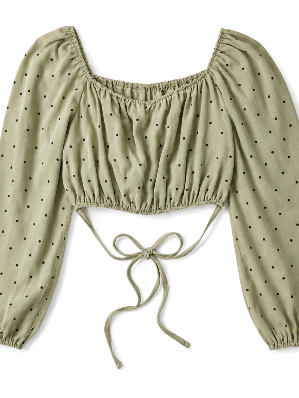 Olive Green Polka Dot Tie-Front Puff Sleeve Crop Top
